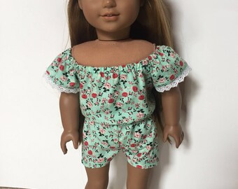 Blue/Green Floral Romper made to fit 18 inch dolls such as American Girl dolls