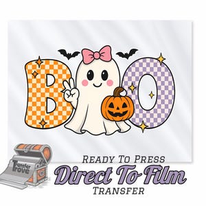 May include: A Halloween-themed graphic with the word "BOO" in orange and purple checkered letters. A cute ghost with a pink bow and a jack-o'-lantern is in the center. Two black bats are above the word. The text "READY TO PRESS" and "Direct To Film TRANSFER" are below.