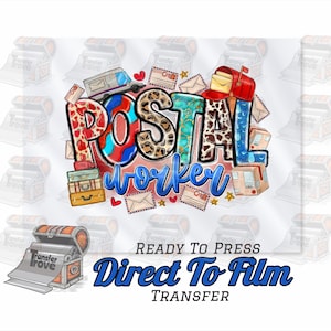 May include: A colorful graphic design featuring the words "POSTAL worker" with a variety of patterns and images including mailboxes, envelopes, and luggage. The design is ready to press on a t-shirt or other apparel using a direct to film transfer.