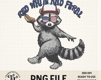 Red White and Feral Raccoon PNG, Patriotic Funny Raccoon Sublimation Design, Retro Doodle 4th of July DTF Transfer, Summer Digital Download