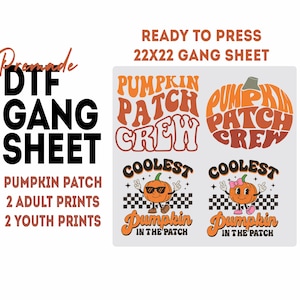 May include: A sheet of iron-on transfer designs featuring a pumpkin patch theme. The designs include text that says "Pumpkin Patch Crew" and "Coolest Pumpkin in the Patch".