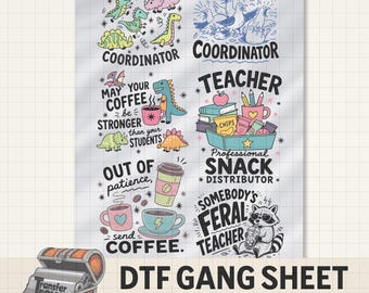 Teacher DTF Gang Sheet, Ready to Press DTF Transfers, Chaos Coordinator, Funny Teacher Transfer, Cute Dinosaur Teacher Gang Sheet