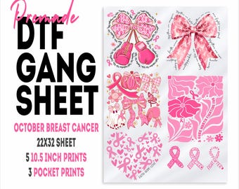 May include: A DTF gang sheet with pink breast cancer awareness designs. The sheet includes images of ribbons, boxing gloves, bows, and text that reads "Faith-Hope-Love" and "A Cure North Fighting For". The sheet is 22x32 inches and includes 5 prints at 10.5 inches.