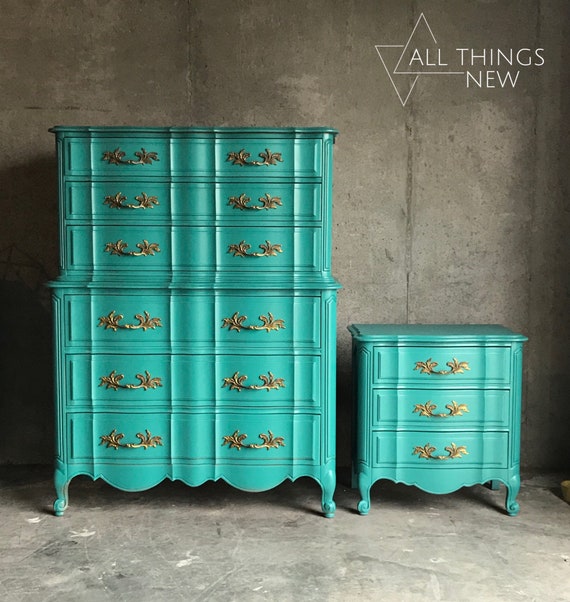 French Provincial Dresser Teal Dresser Chest Bedroom Furniture Chest Of Drawers Painted Furniture Chalk Paint Furniture