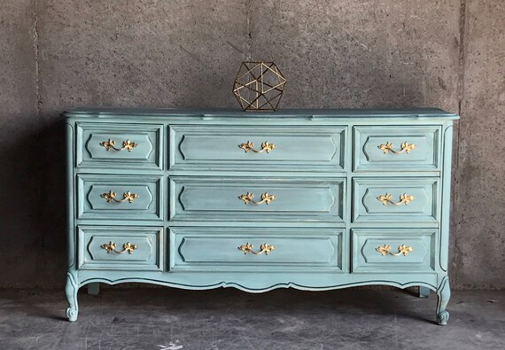 French Provincial Dresser And Nightstand Henry Link Teal Gold Etsy