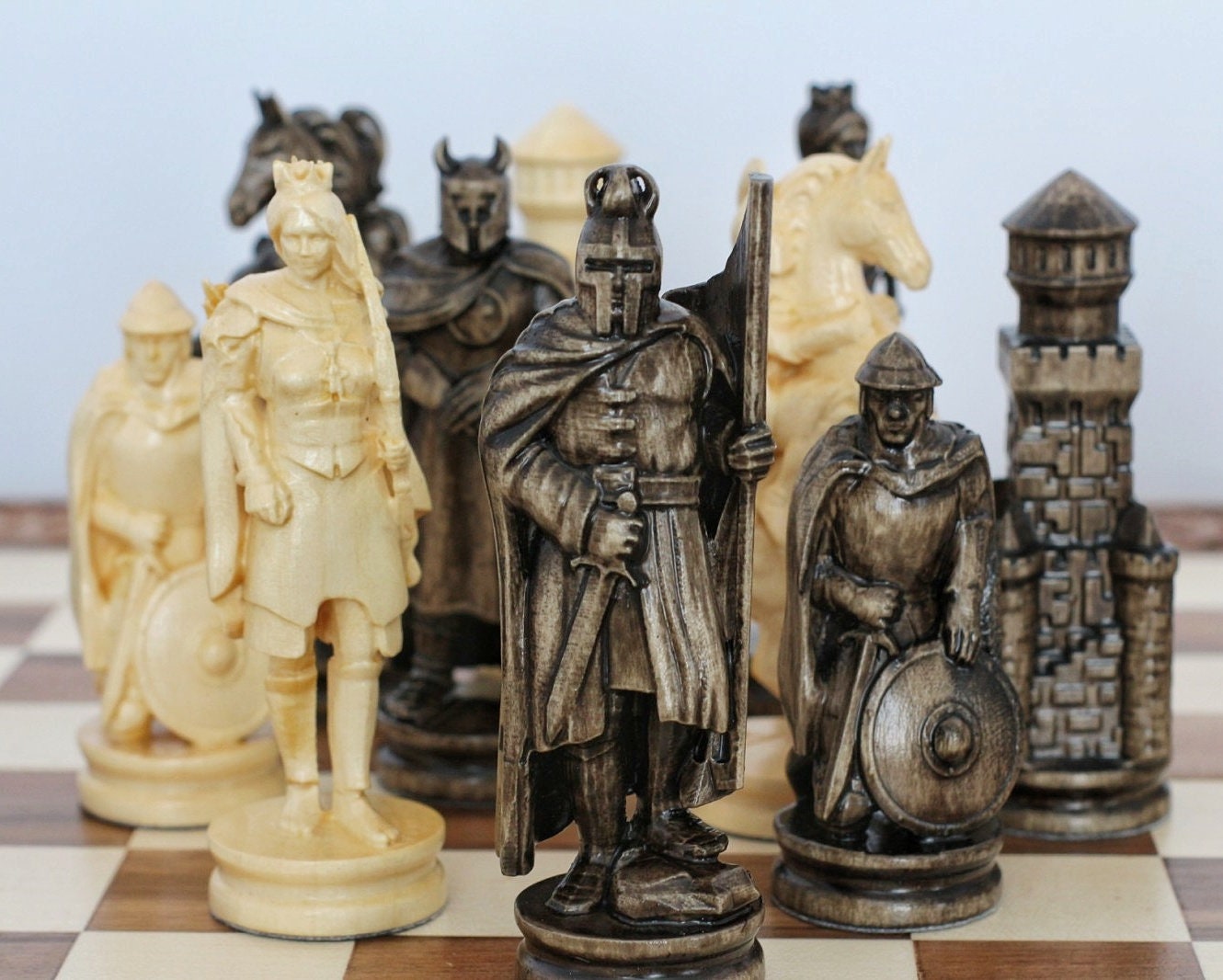 Medieval Style Metal Chess Set With Beautiful Leatherlike Box