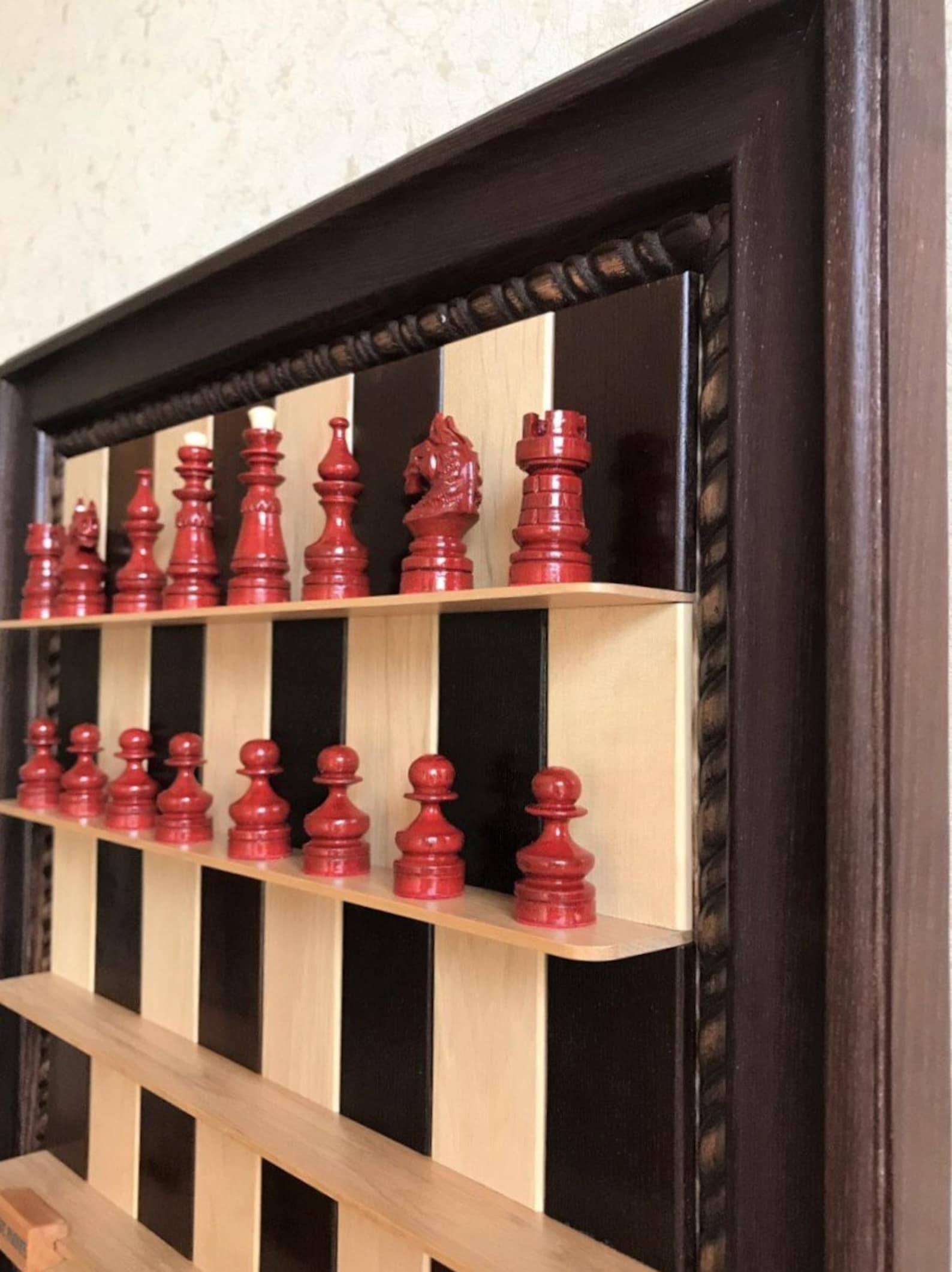 Vertical wooden chess set Handmade modern chess board Wall Etsy