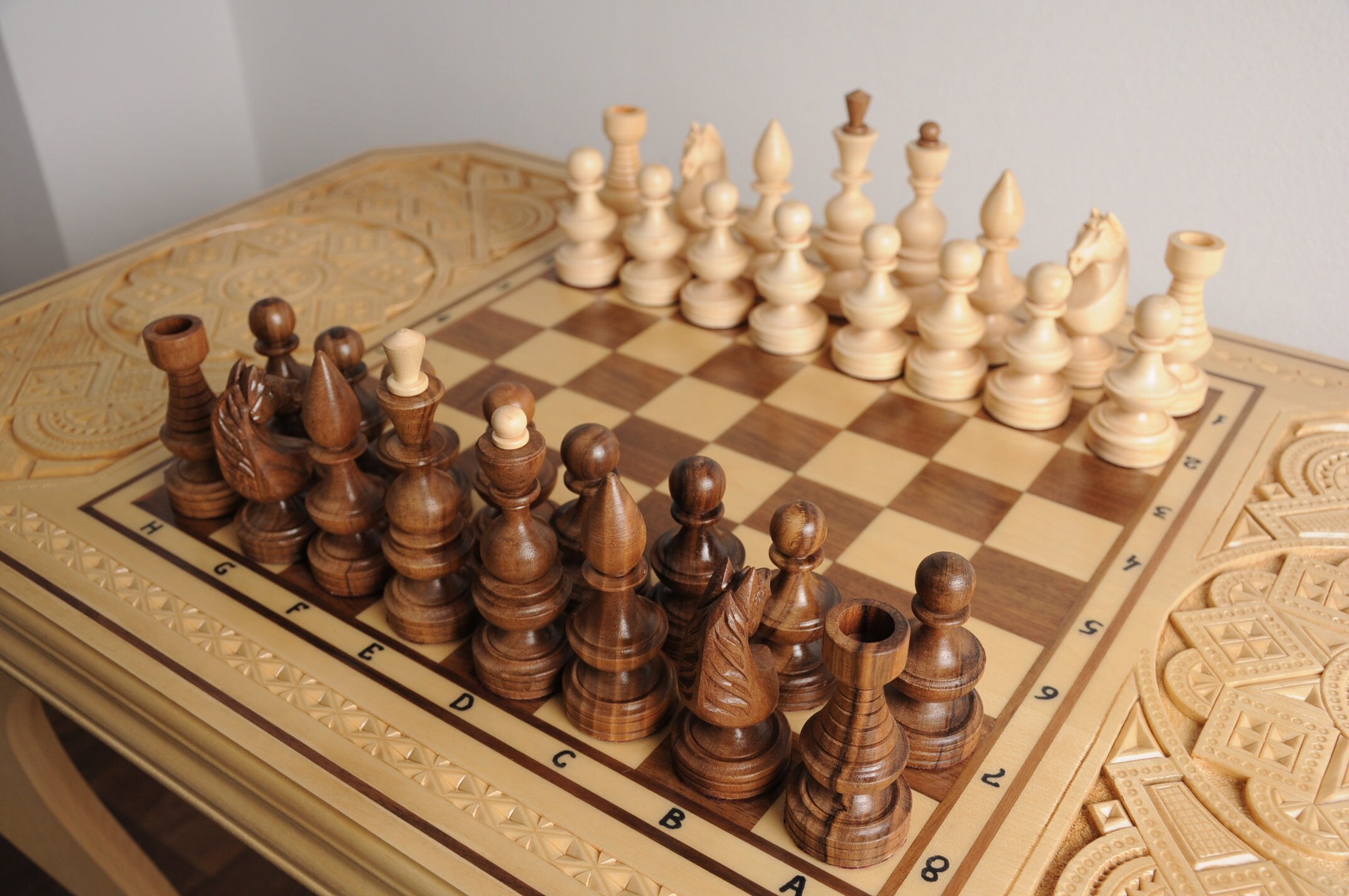 Carved Chess Table Walnut Wooden Chess Board Set Modern Etsy UK