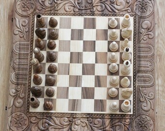 Hand carved decorative chess Large wood chess set 3 in 1 Сhess table board with storage Wooden chess board set Luxury chessboards