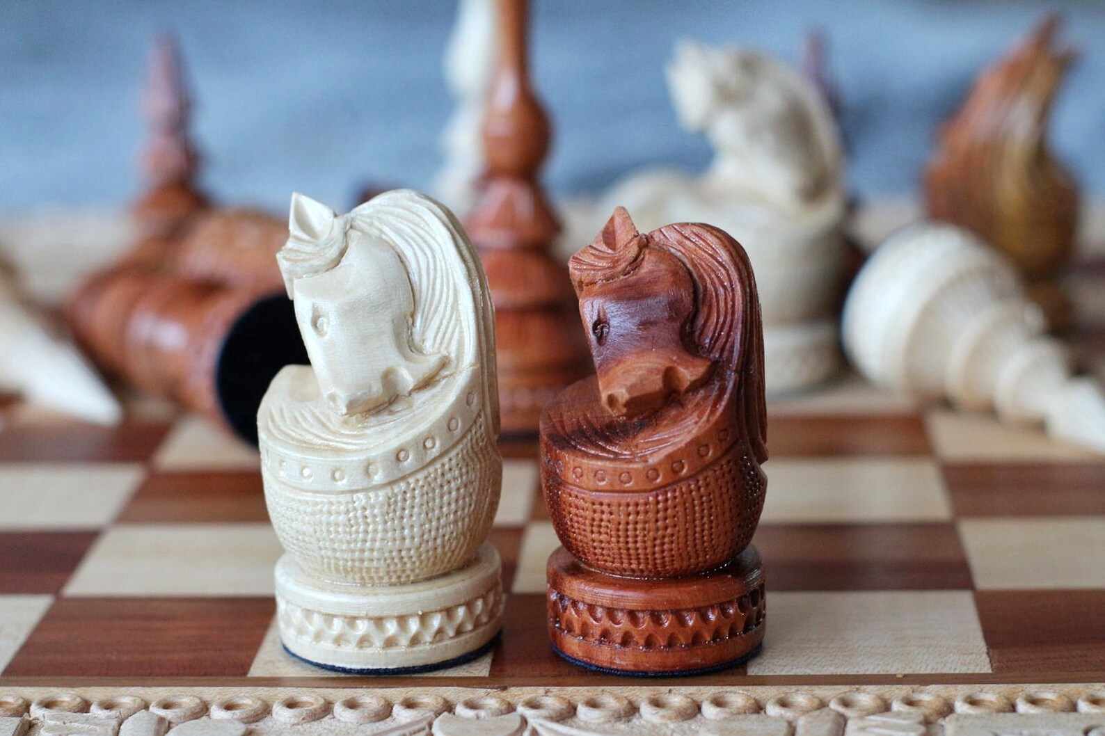 Wood carving chess pieces with box Weighted large chess set Etsy