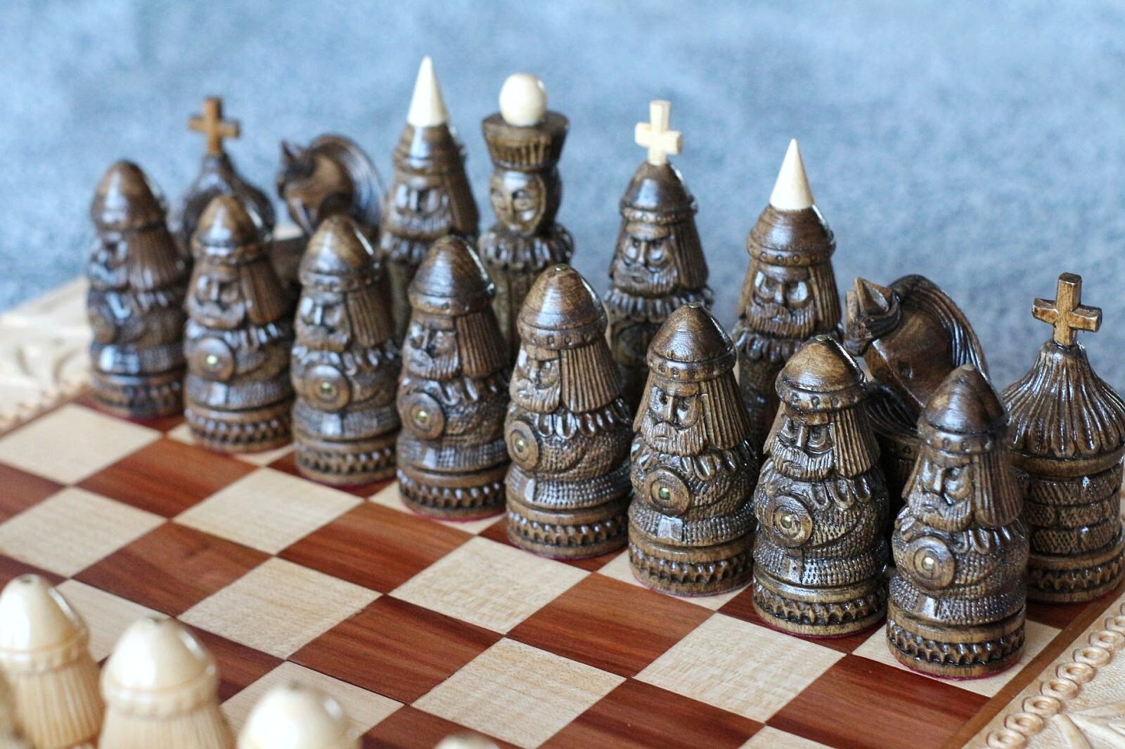 Large wood carving chess pieces with box Original chess pieces Etsy