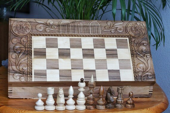 Amish Walnut and Maple Wood Checker and Chess Set with Storage In-Stock