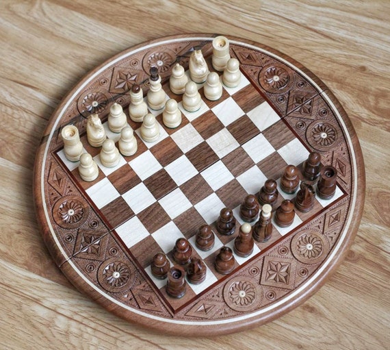 Round Chess Set With Board Wooden Chess Table With Storage 