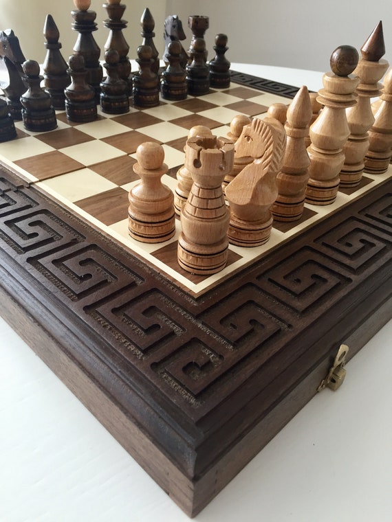  Engraved chess board with storage Personalized walnut chess  board Large wood chess set 3 in 1 Wooden chess board set Luxury chessboards  : Handmade Products
