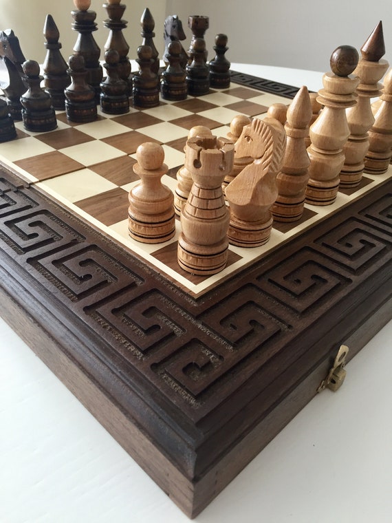 Large Wood Carving Chess Pieces With Box, Luxury Wooden Chess