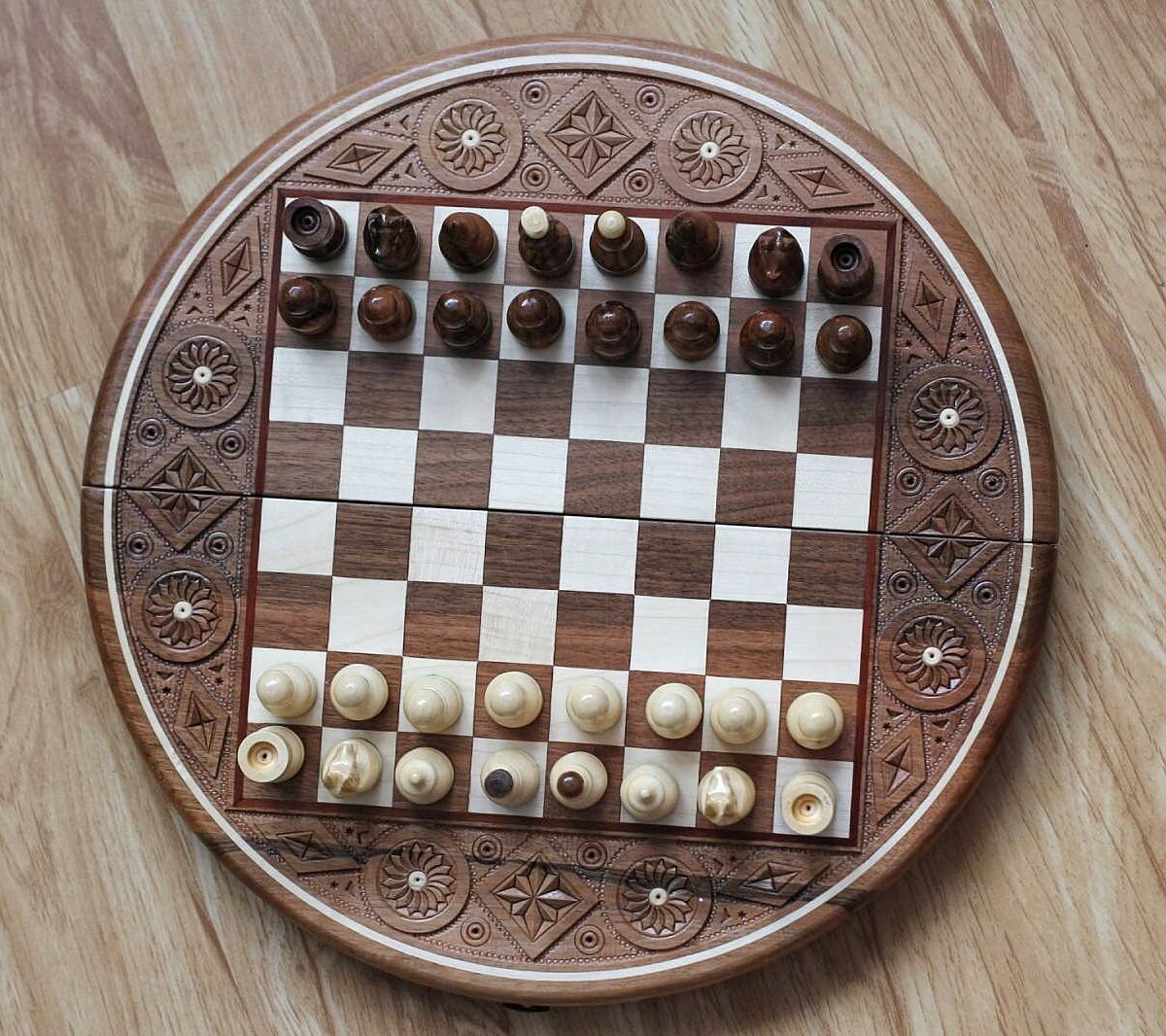 Round Chess Set With Board Wooden Chess Table With Storage 