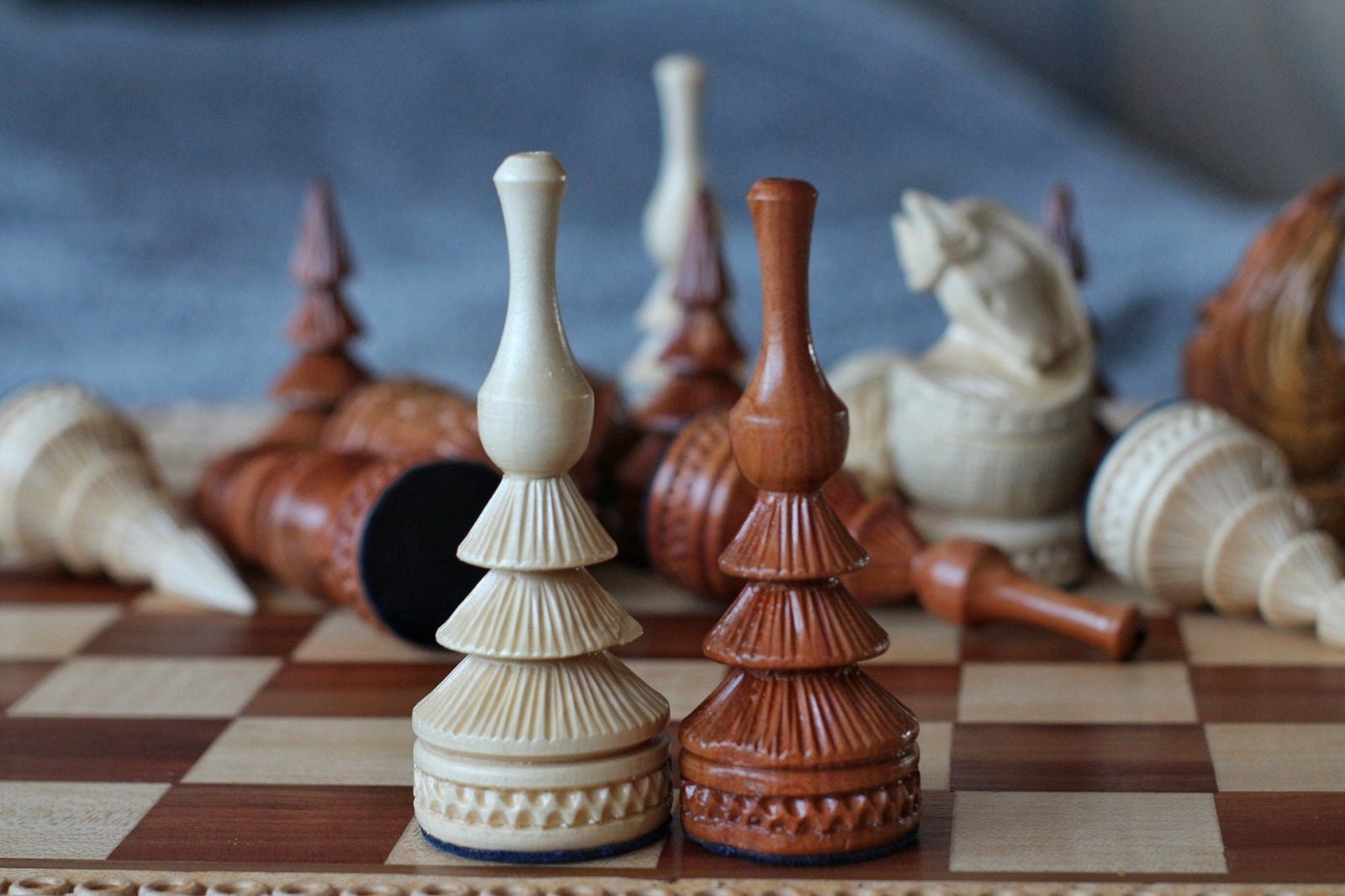 Wood carving chess pieces with box Weighted large chess set Etsy