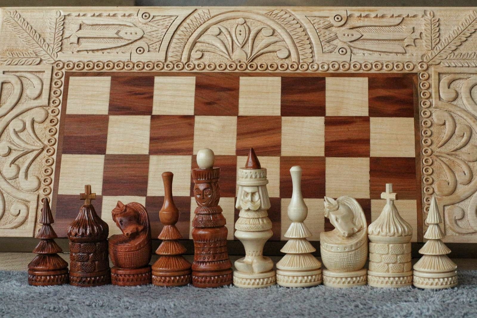 Wood carving chess pieces with box Weighted large chess set Etsy