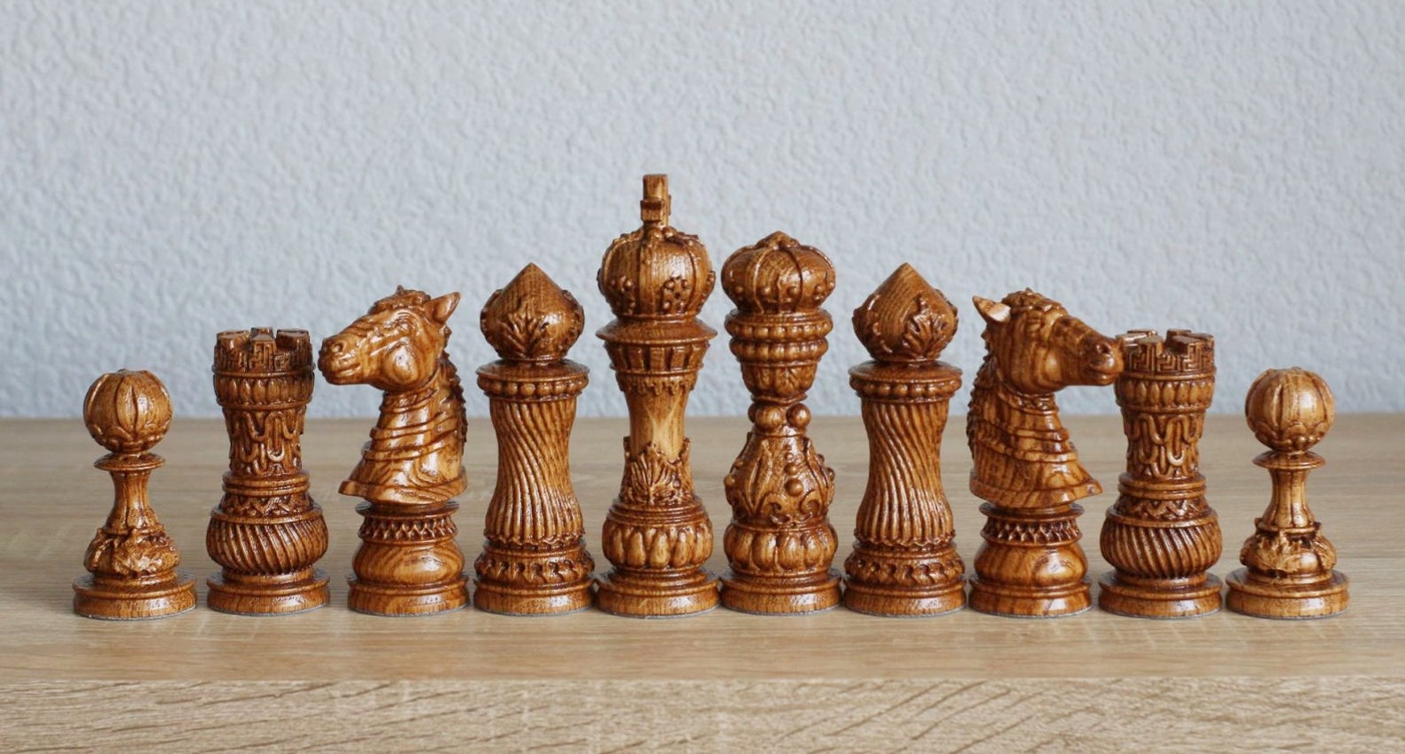 Large Wood Carving Chess Pieces With Box Luxury Wooden Chess Etsy