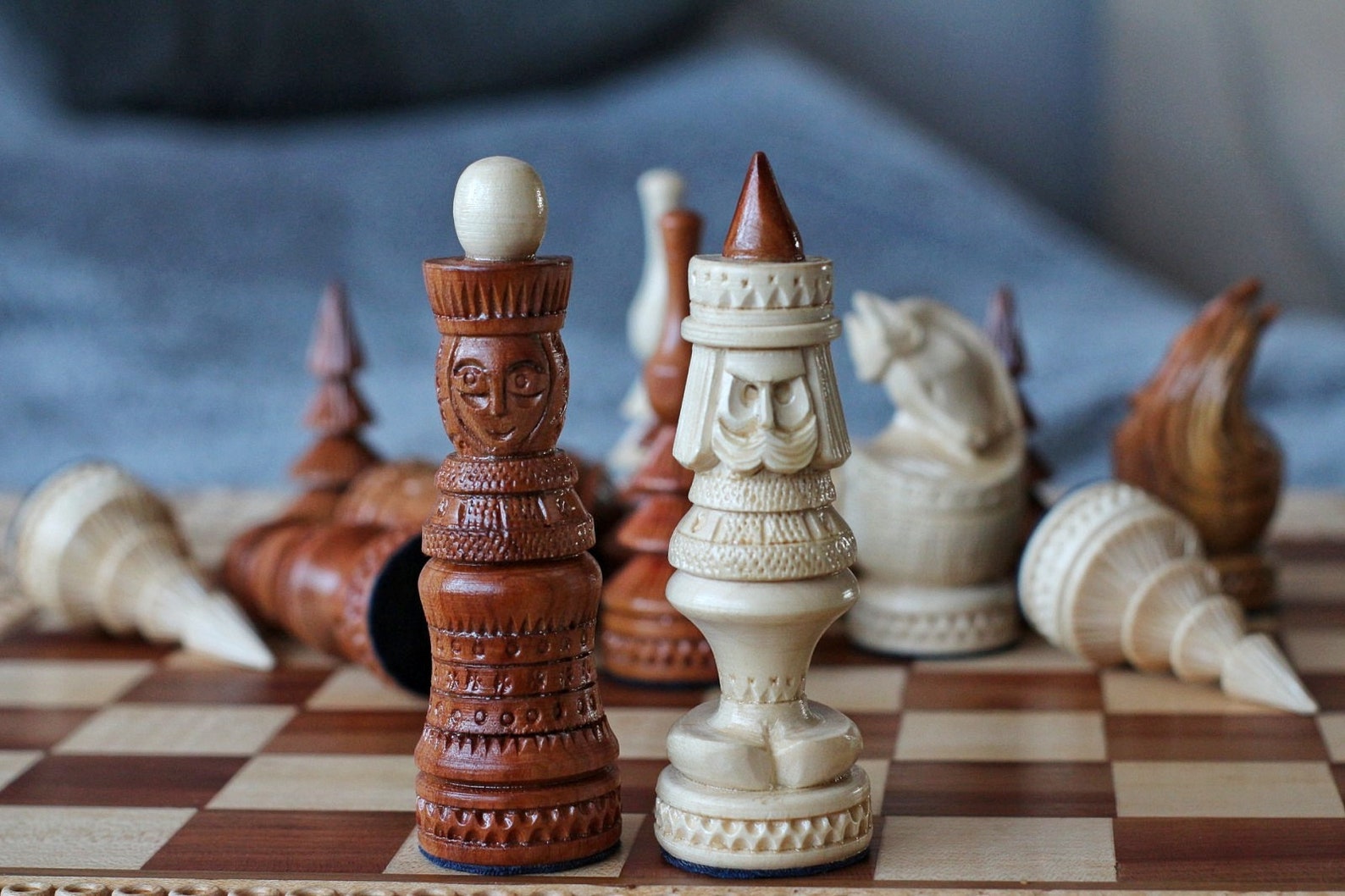 Wood carving chess pieces with box Weighted large chess set Etsy