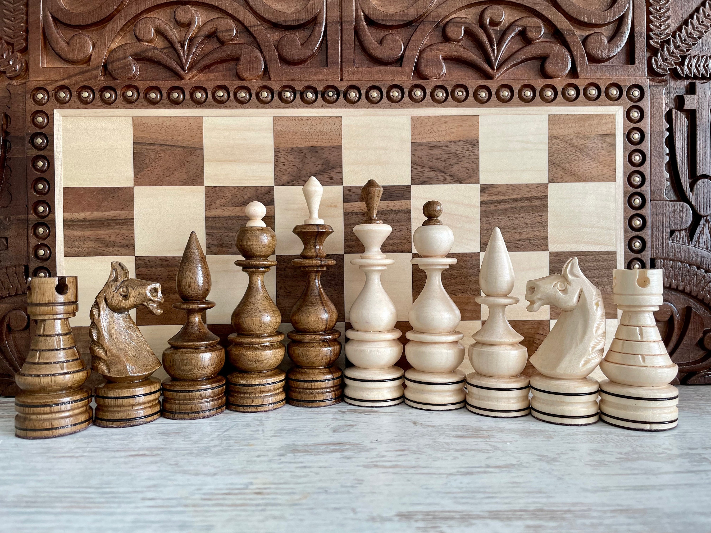Hand Carved Chess Pieces and Case Wood Carving Chess Pieces Etsy