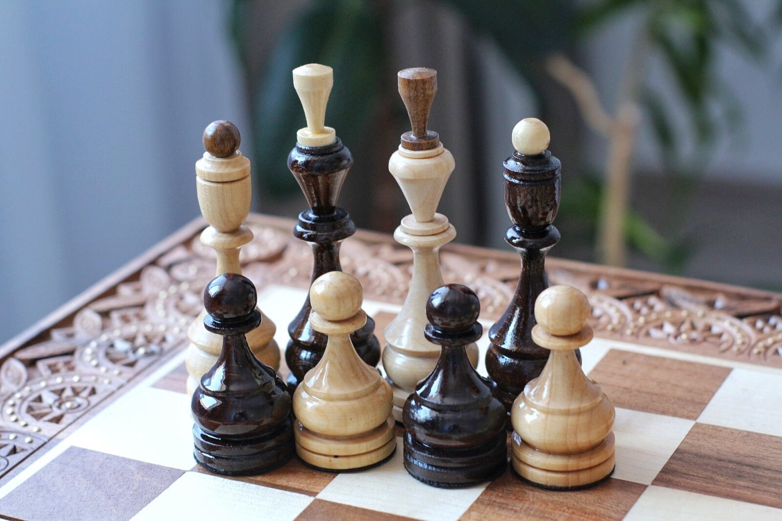 Wood carving chess pieces with box Weighted Staunton chess Etsy
