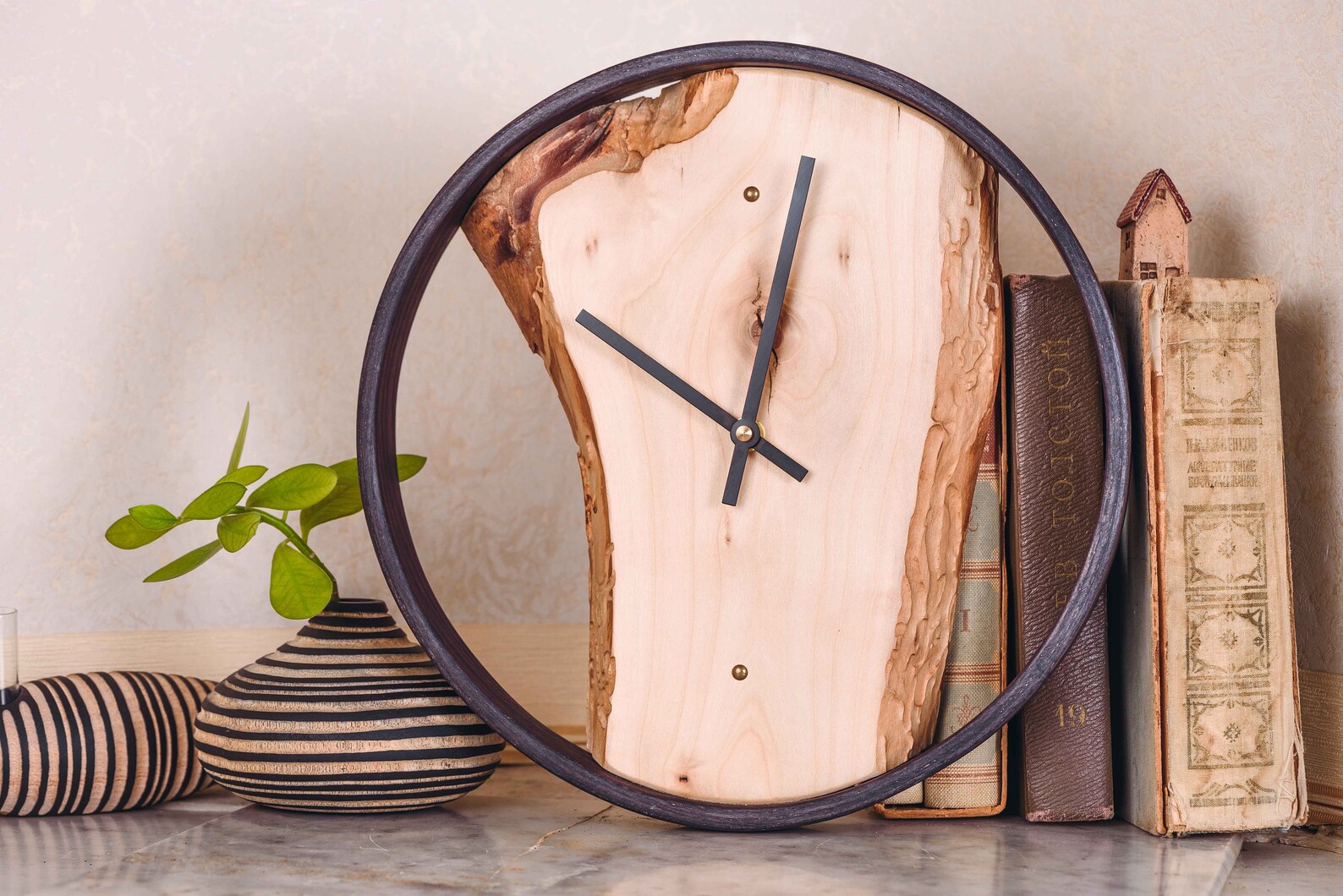 Wooden Round Wall Shelf Clock Quartz Silent Non Ticking Etsy