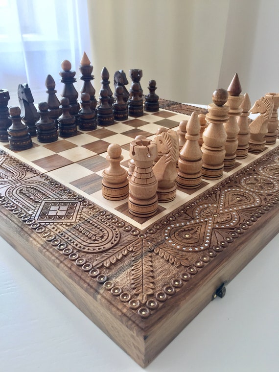 breed In de genade van Dakraam Groot schaakspel hout houten schaakbord set gesneden - Etsy België
