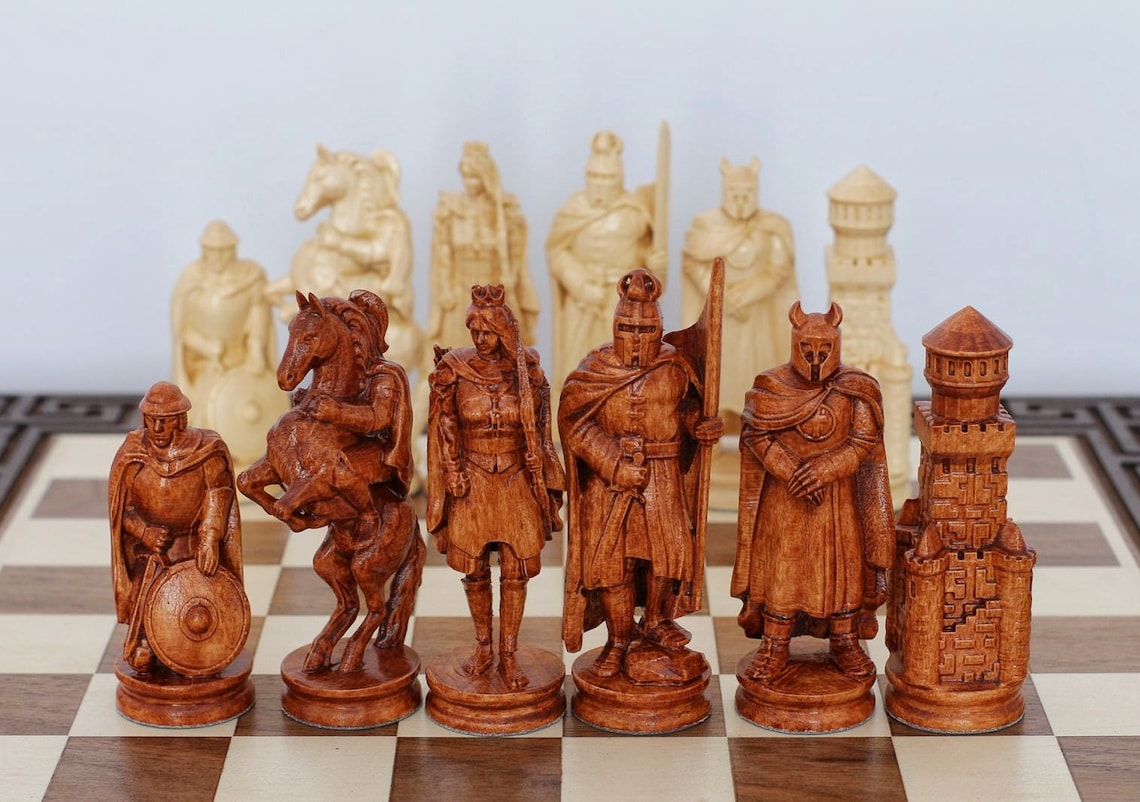 Large wood carving chess pieces with box Luxury wooden chess Etsy