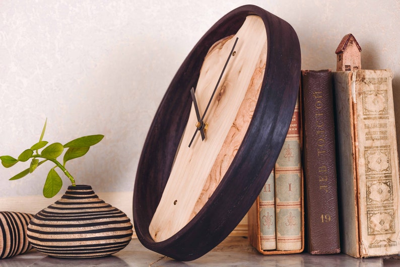 Wooden Round Wall Shelf Clock Quartz Silent Non Ticking Etsy