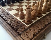 Hand carved chess table board set with storage, Chess lover gift, Luxury chessboards, Large chess set wood, Wooden chess board set