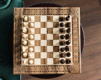 Large chess set with board, Wooden chess game, Handmade chess board handcrafted, Luxury chess sets with storage, Modern chess wood boards