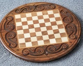 Round chess table, Wooden chess set with storage, Handmade chess board