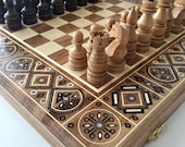 Сhess board set with storage Large chess set wood Best wooden chess board set Hand carved backgammon Chess lover gift Luxury chessboards