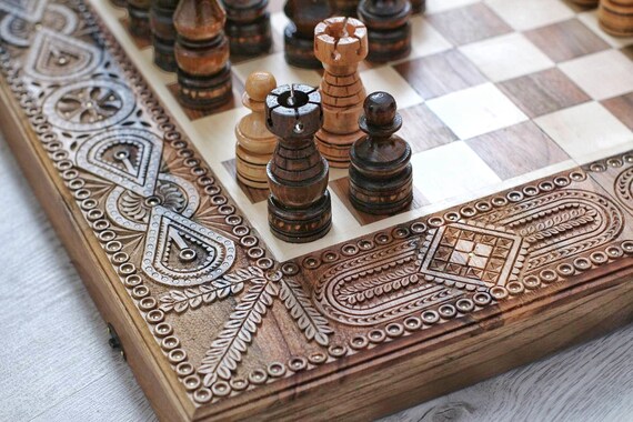 Backgammon SET DI SCACCHI & Scacchiera in legno massello fatto a mano intarsiata intaglio 20" 