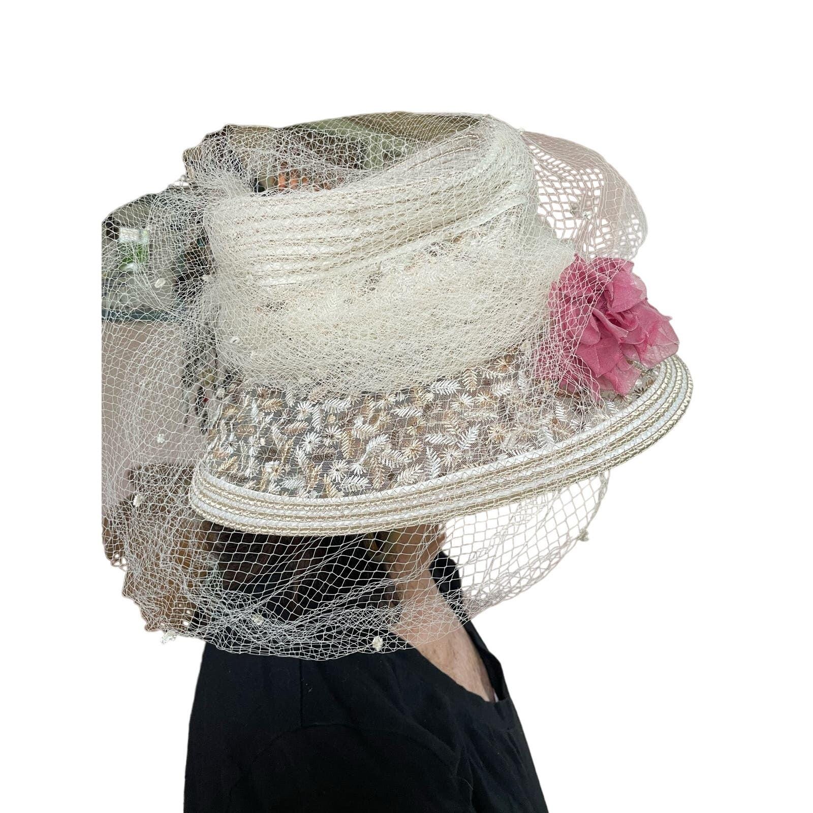 Kokin Bucket Straw Veil Ivory Floral Embroidery Net Vintage  display picture 2