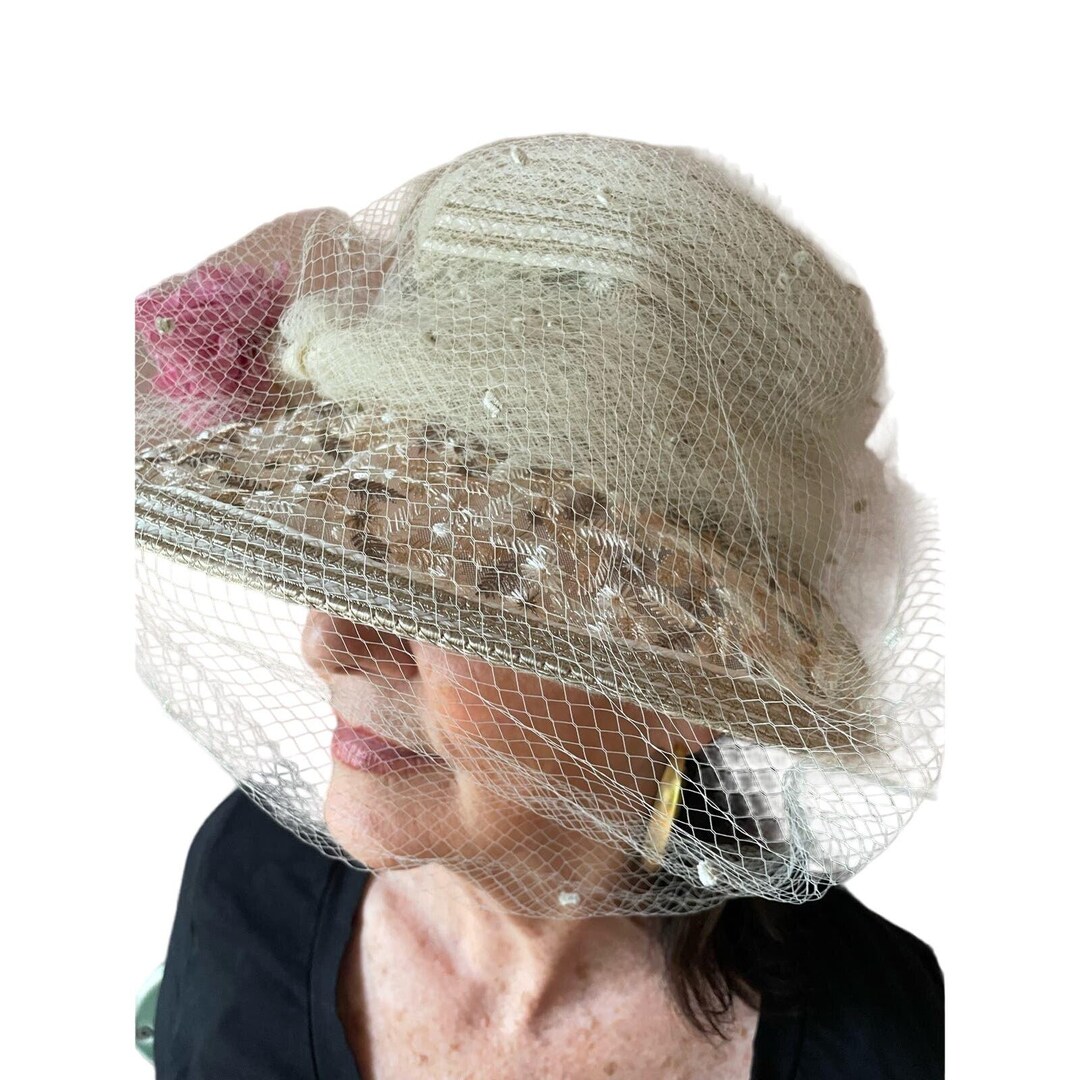 Kokin Bucket Straw Veil Ivory Floral Embroidery Net Vintage 