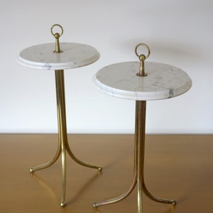 Pair of 1950s Cesare Lacca Brass and Carrera Marble Drinks Coffee Occasional Tables