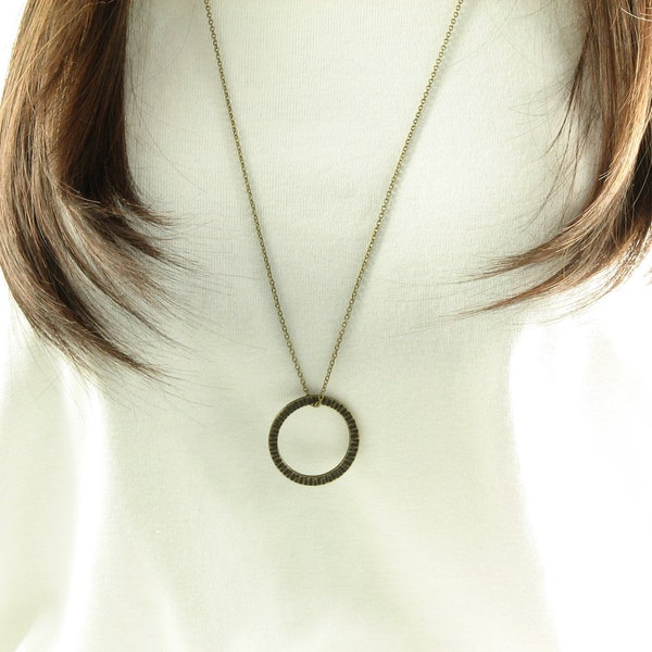 Long Chain Necklace up to 36", Circle Necklace with Antique Brass Ring, Bronze Chain