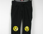 Smiley - Skinny Jeans uk 10 face emoji pvc knee patch cute kawaii 90s y2k denim yellow happy retro vintage summer festival alternative