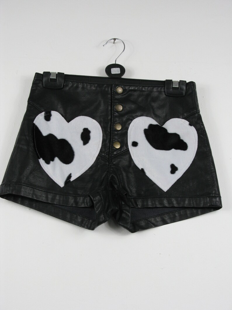 PVC Cow Pocket Shorts heart uk 8 90s y2k hot pants festival rockabilly faux fur goth metal cute kawaii print western biker harajuku Rose