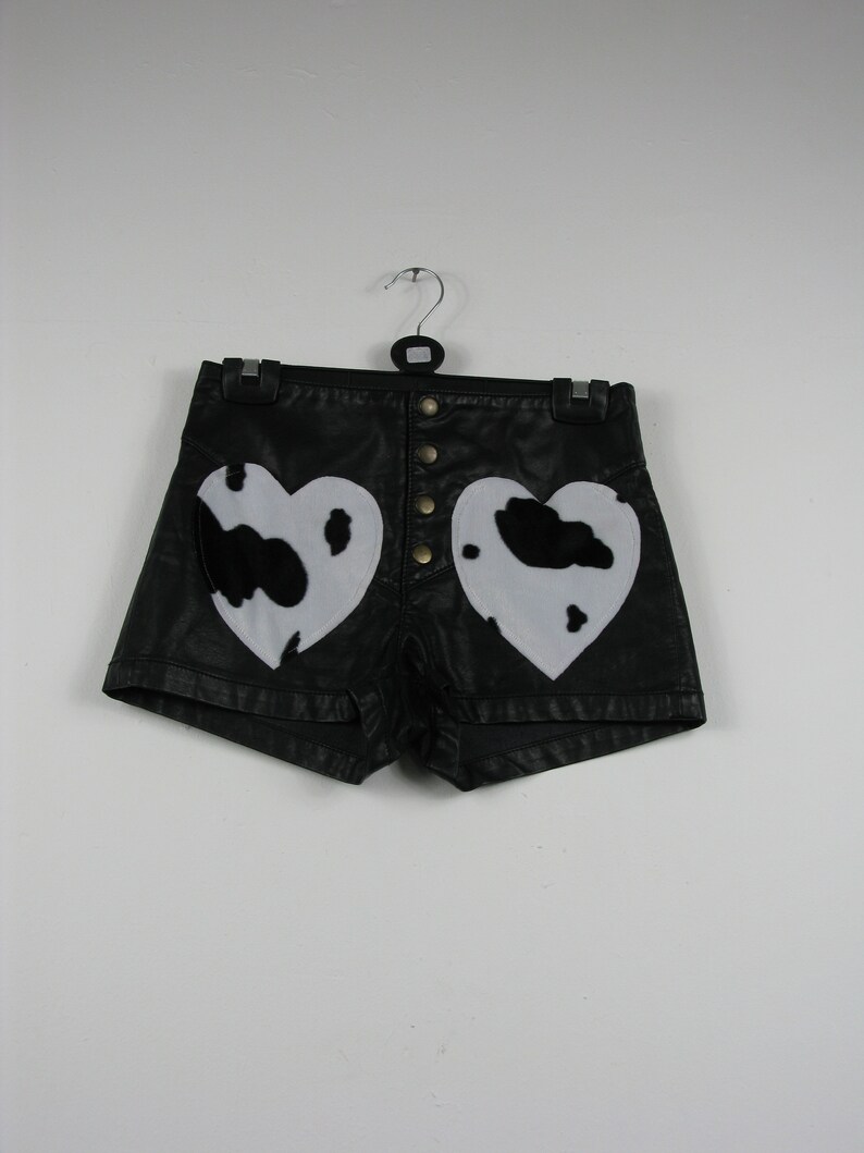 PVC Cow Pocket Shorts heart uk 8 90s y2k hot pants festival rockabilly faux fur goth metal cute kawaii print western biker harajuku Rose