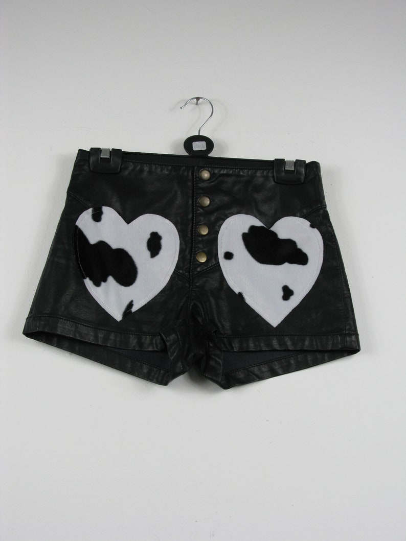 PVC Cow Pocket Shorts heart uk 8 90s y2k hot pants festival rockabilly faux fur goth metal cute kawaii print western biker harajuku Rose