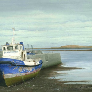 May include: A painting of a blue and white ferry boat, "DOOLIN FERRIES", docked at a concrete pier. The boat has weathered paint and the name "DJ NEMARK" is visible. The sky is overcast, and the water is calm.