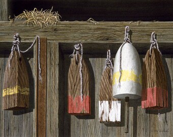 Lobster Floats: Old floats, no longer of use, with peeling paint and frayed ropes lit by bright sunlight.