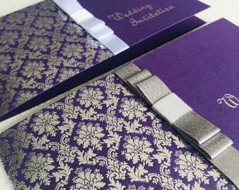 Wedding Invitation Covers Purple with Silver pattern pre foil & wording DIY or complete Pearlised cards covers