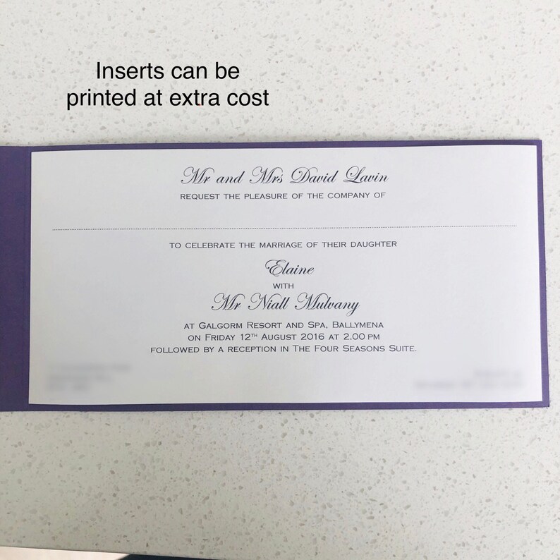Wedding Invitation Pocket Covers Purple with Silver foil wording DIY or complete Pearlised cards covers image 7