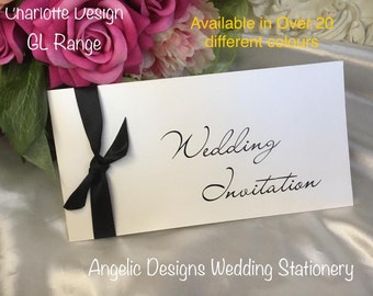 DL Wedding Invitation Foiled - Pocket & RSVP card with double satin ribbon tie on pearlised card 20 different colours available Handmade