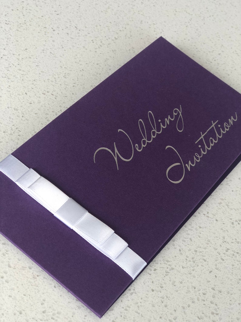 Wedding Invitation Pocket Covers Purple with Silver foil wording DIY or complete Pearlised cards covers image 3