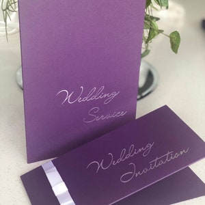 Wedding Invitation Pocket Covers Purple with Silver foil wording DIY or complete Pearlised cards covers image 4